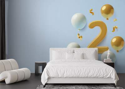 2 years birthday and second anniversary 3D background with big gold number two, flying balloons, curly ribbons and copy space. Realistic three dimensional vector illustration. Wall mural