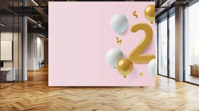 2 years girl's birthday banner on pink background with 3D gold number two, helium balloons, confetti and copy space. Second anniversary realistic three dimensional vector illustration. Wall mural