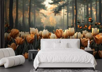 3D banner design featuring tulip garden tropical forest and evergreen grass field. Concept Nature, 3D design, Banner, Tulip garden, Tropical forest, Evergreen grass field Wall mural