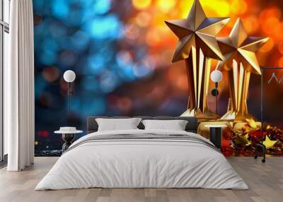 3D gold fivestar trophy symbolizing best customer feedback and satisfaction. Concept Customer Satisfaction, Trophy Design, Gold Finish, 3D Model, Five Stars Wall mural