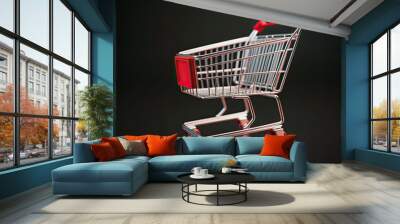 3D Icon Of Shopping Cart With Red Handle And Metallic Finish On A Black Background. Generative AI Wall mural