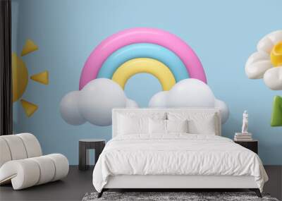 3d spring icons set. Blooming flower, sun and rainbow with clouds. Three dimensional warm summer weather vector objects. Toy plastic design elements collection. Wall mural