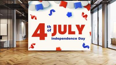 4th July banner design with blue, red and white 3d USA Independence Day holiday decorations on white background.  Wall mural