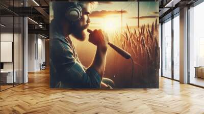 A bearded man sits in a wheat field at sunset, deep in thought. Wearing headphones, he holds a microphone, capturing the serene and introspective atmosphere of the countryside.. AI Generation. AI Wall mural