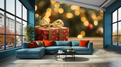 A beautifully wrapped Christmas gift with golden bow beside a festive tree Wall mural