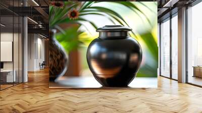 A black memorial urn containing cremated remains as a farewell tribute at a funeral. Concept Funeral Services, Cremation Memorial, Remembrance Ceremony Wall mural