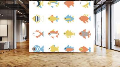 a collection of cute little colorful fish in a cartoon style Wall mural