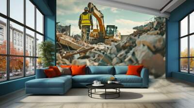 A construction laborer working on a highway project engaged in physical tasks at a demolition site. Concept Construction, Laborer Work, Highway Project, Physical Tasks, Demolition Site Wall mural