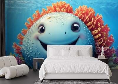 A delightful cartoon sea creature with a big smile and expressive eyes is surrounded by colorful coral in a vibrant underwater setting. The creature's blue and bubbly texture stands out, creating a Wall mural