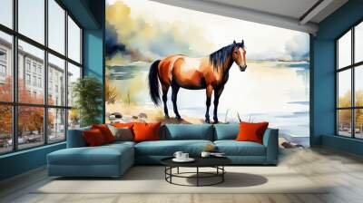 A horse stands by a pond against the backdrop of a natural landscape made in a watercolor style, creating a picturesque and calm atmosphere, watercolor painting Wall mural