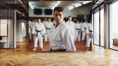 A karate asian martial arts training in a dojo hall. sensei teacher master man wearing white kimono and black belt fighting learning, exercising. students watching in the background Wall mural