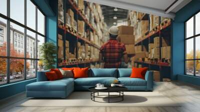 A male worker in a hard hat carrying boxes in a busy warehouse full of shelves. Concept Warehouse Worker, Hard Hat, Boxes, Industrial Setting, Busy Environment Wall mural