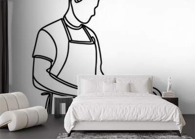 a man in an apron washes dishes with his hands, one line vector drawing Wall mural