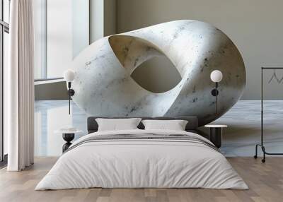 A modern abstract sculpture made of white marble with a unique curved form. Wall mural