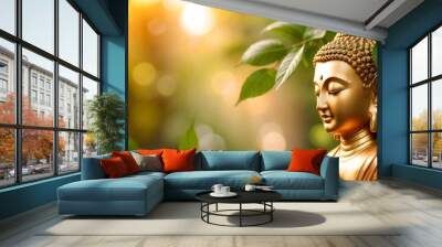 A shining golden Buddha statue on a sunny natural copy space background. the banner. High quality photo Wall mural