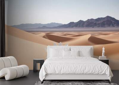 A single white flower blooms amidst the vast, sandy dunes of a desert, symbolizing resilience and beauty in harsh conditions. The distant mountains add depth to this serene scene.. AI Generation Wall mural