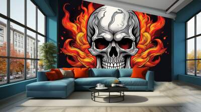 A vivid illustration of a skull with detailed facial features, surrounded by fiery flames on a black background. The style resembles a tattoo or horror poster, with intense red and orange flames contr Wall mural