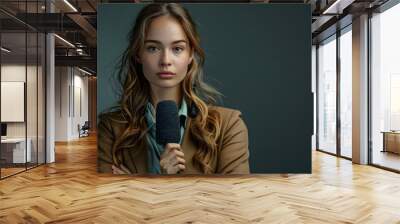 A woman journalist reports live holding a microphone and looking at camera. Concept News Reporting, Live Broadcasting, Journalism, Television, Female Journalist Wall mural