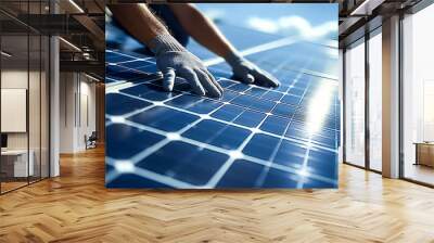 A worker installs solar panels on the roof of a house	
 Wall mural