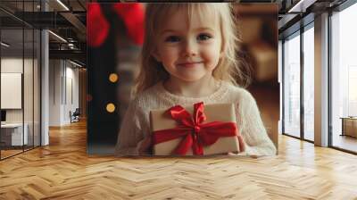 A young child joyfully holding a gift in a cozy holiday setting at home Wall mural