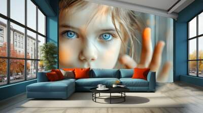 A young girl with blue eyes gesturing to stop. Concept Portrait Photography, Gestures, Facial Expressions, Storytelling in Photography Wall mural