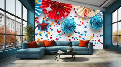 American-Themed Holiday Flat Lay with Paper Fans, Stars, and Confetti. Concept Flat Lay Photography, American-Themed Decor, Holiday Props, Paper Fans, Stars, Confetti Wall mural