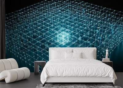 An abstract digital grid with glowing lines and nodes, representing blockchain technology and cryptocurrency networks. The futuristic design emphasizes the complexity and connectivity of modern Wall mural