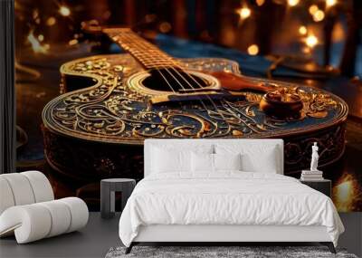 An elegant acoustic guitar adorned with intricate designs, surrounded by warm decorative lights. This image captures the beauty of music and craftsmanship in a cozy setting.. AI Generation Wall mural