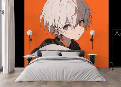 Anime Boy With Silver Hair On Orange Background Wall mural