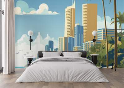 Australia Gold Coast city skyline poster with abstract shapes of landmarks and coastline. Vintage travel Queensland australian beach with cityscape vector illustration Wall mural