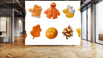 Autumn seasonal clothes and plants 3d vector icons collection. Cute three dimensional yellow and orange plastic objects set isolated on white background. Wall mural