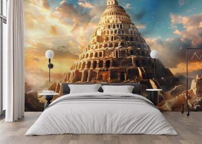 Babylons Tower of Babel story from the Bible with multilingual speech. Concept Bible Stories, Tower of Babel, Multilingual Speech, Religious Narratives, Biblical Teachings Wall mural