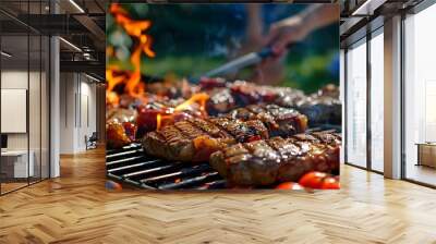 Background of people at barbecue party grilling steaks and meats outdoors. Concept Barbecue Party, Grilling Steaks, Outdoor Cookout, Socializing Outdoors, Summer Gathering Wall mural