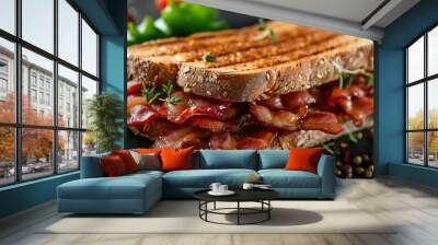 Bacon sandwich meat displayed on a black background for advertising purposes. Concept Food Photography, Bacon Sandwich, Black Background, Advertising, Meat Display Wall mural