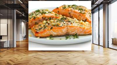 Baked salmon with garlic and herbs on white plate isolated on white. Concept Food Photography, Delicious Salmon, Culinary Art, Cooking Inspiration, Savory Dish Wall mural