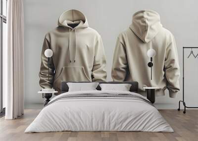 Beige hoodie mockup design with front and back views. Concept Hoodie Mockup Design, Beige Color, Front View, Back View Wall mural