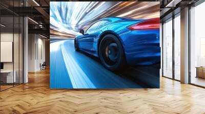 Blue business car speeding through a high-speed highway turn at dusk Wall mural