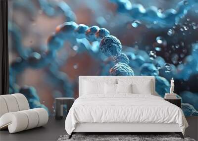 Blue molecular structures on a liquid background representing DNA and water molecules. Concept Chemistry, Molecular Structures, DNA, Water Molecules, Liquid Background Wall mural