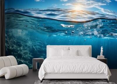 Blue water surface with ripples bubbles and sunlight reflections Summer banner background. Concept Water Surface, Ripples, Bubbles, Sunlight Reflections, Summer Banner Background Wall mural