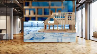 Blueprints for wooden house model under construction in building project. Concept Wooden House, Construction Project, Blueprints, Building Plans, Model House Wall mural