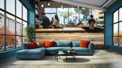 Blurred background of people in a coffee shop with an empty wooden table for product display. Concept Coffee Shop, Blurred Background, Product Display, Empty Table, Lifestyle Shot Wall mural