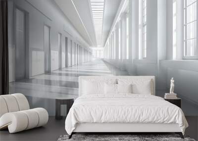 Bright empty hospital hallway with white walls and windows. Concept Hospital Architecture, Medical Facilities, Interior Design, Glass Windows, Healthcare Settings Wall mural