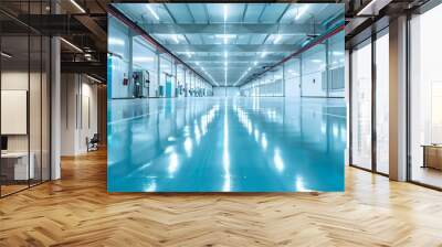 Brightly lit office warehouse with new epoxy resin floor after renovation. Concept Office Renovation, Epoxy Resin Floor, Bright Lighting, Warehouse Transformation, Industrial Design Wall mural