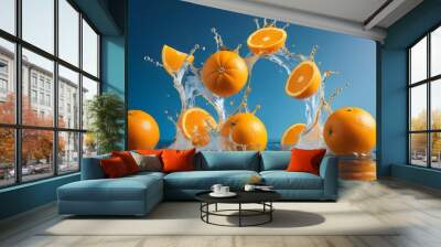 Oranges in splashes of water. Oranges background. Fruit background Wall mural