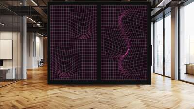 Set of vector retro futuristic distorted acid pink design grids. Perspective grids, polar grid, geometry. Cyberpunk 80s style design elements Wall mural