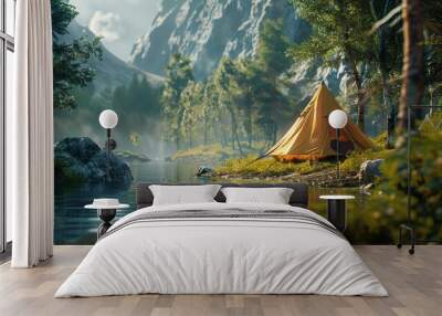 Camping by a serene lake surrounded by mountains during a peaceful afternoon Wall mural