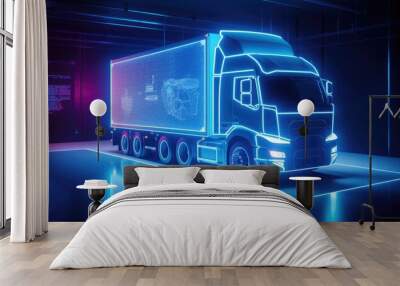 Cargo truck in a modern laboratory, neon lights Wall mural