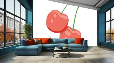 Cherries, two red berries pair on stem, branch with leaf. Fresh organic fruit, natural garden food. Wall mural