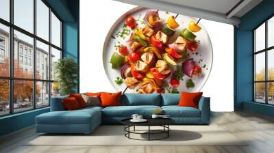 Chicken And Vegetable Kabobs On A White Plate. Gluten-Free Food On Isolated Transparent Background, Png. Generative AI Wall mural