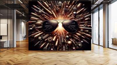 Close-up of sunglasses at the center of an arrangement of bullets and gears, creating a dramatic and edgy composition. The interplay of metallic objects and the reflective surface of the sunglasses Wall mural